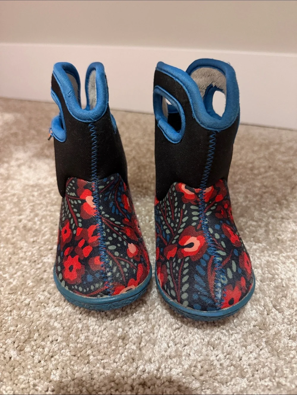 Bogs Kids Floral Boots in Black and Red with Blue Trim